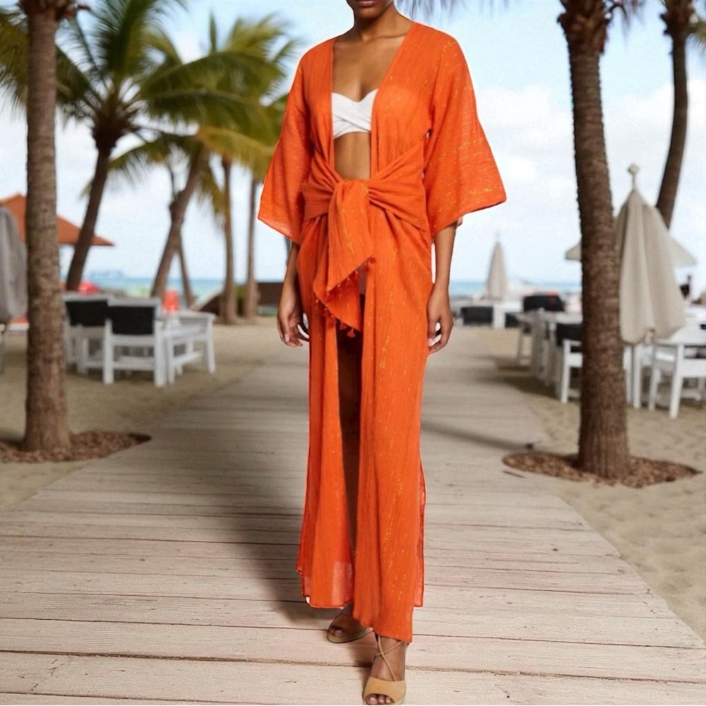 Flora Bella Trouvaille Maxi Caftan Coverup Sz M in Orange with Gold Stripes EUC